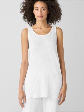 Eileen Fisher 100% Organic Linen Scoop Neck Long White Tank